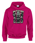 Cerise hoodie med mörkt satiriskt motiv föreställande en demonisk påve