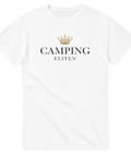 Grafiskt tryck med guldkrona och texten Camping Eliten på vit t-shirt