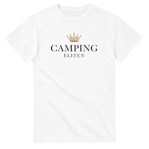 Grafiskt tryck med guldkrona och texten Camping Eliten på vit t-shirt