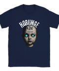 Mörkblå t-shirt med kusligt motiv av en trasig docka och text