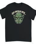 Svart t-shirt med ett grönt orchansikte och texten Jag orchar inte.