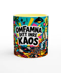 Mugg med texten Omfamna ditt inre kaos och färgglada illustrationer.