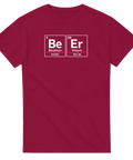 Periodiska systemet "Be Er" (Beryllium, Erbium) på vinröd t-shirt.