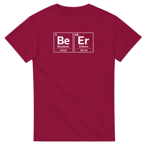 Periodiska systemet "Be Er" (Beryllium, Erbium) på vinröd t-shirt.