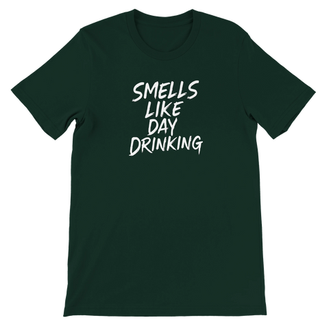 Mörkgrön t-shirt med lekfullt texttryck om dagsfest