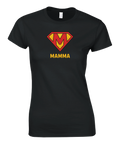 Ikoniskt superhjälte-tryck med texten Mamma – svart t-shirt dam