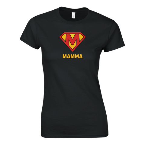 Ikoniskt superhjälte-tryck med texten Mamma – svart t-shirt dam