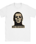 Michael Myers-mask med blodstänk och text "MISS THE OLD DAYS" på vit t-shirt.