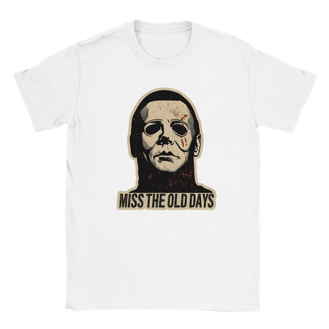 Michael Myers-mask med blodstänk och text "MISS THE OLD DAYS" på vit t-shirt.