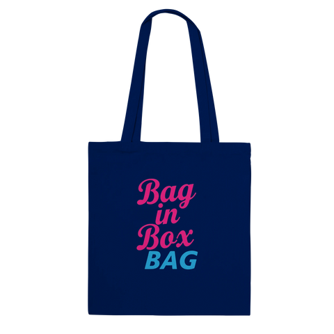 Bag in Box Bag-tryck i rosa och blått på marinblå tygkasse.