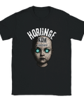 Skräckinjagande illustration av sprucket dockhuvud med lysande ögon på t-shirt