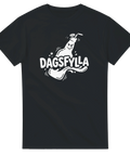 Vit grafisk illustration av en flaska med texten Dagsfylla – svart t-shirt