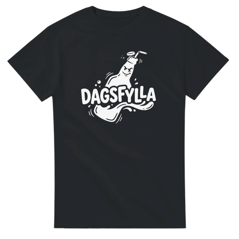 Vit grafisk illustration av en flaska med texten Dagsfylla – svart t-shirt
