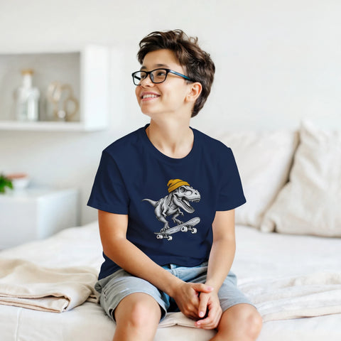 Modell i en marinblå barn-t-shirt med en T-Rex i gul mössa på skateboard.