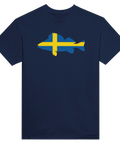 Mörkblå t-shirt med ett tidlöst tryck av en abborre i profil