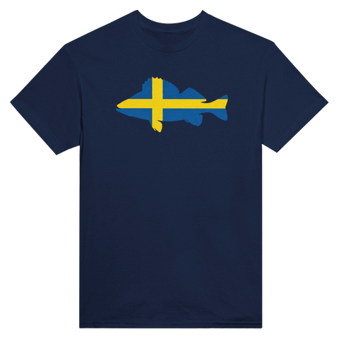 Mörkblå t-shirt med ett tidlöst tryck av en abborre i profil