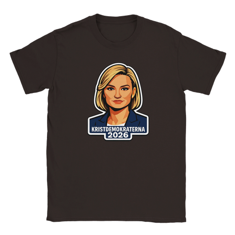 Mörkbrun t-shirt med en stiliserad och uttrycksfull politisk illustration