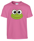 Tecknat Kermit-ansikte med stora ögon och leende på rosa barntröja.