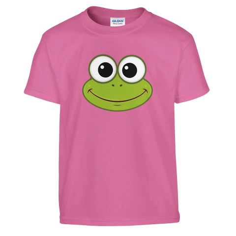 Tecknat Kermit-ansikte med stora ögon och leende på rosa barntröja.