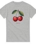 Gråmelerad t-shirt med detaljrikt tryck av naturtrogna körsbär