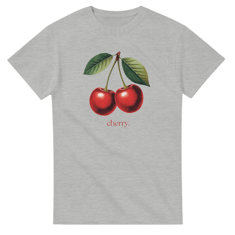 Gråmelerad t-shirt med detaljrikt tryck av naturtrogna körsbär