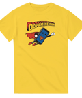 Gul t-shirt med lekfullt motiv av Dopamineman i klassisk hjältestil