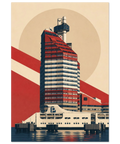 Grafisk illustration av Läppstiftet i Göteborg – stilren arkitekturposter i retrostil