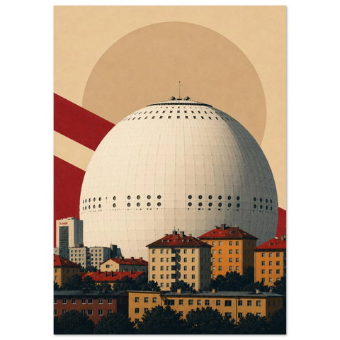 Minimalistiskt motiv av Avicii Arena över Söderort – grafisk arkitekturposter