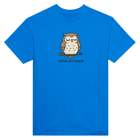 Tecknad sovande uggla på gren med text "SITTER OCH UGGLAR" på blå t-shirt.