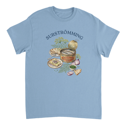 Vintage-inspirerad design med surströmming och dill på blå t-shirt