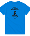 Svart tryck "CYKLA PSYKISKT", cyklist med tankar, på blå t-shirt.