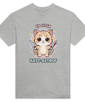 Grafisk illustration av en mördarkatt – grå t-shirt med texten Katt-astrof