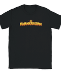 Svart t-shirt med Pannkakorna logotyp i gul och orange graffiti-stil
