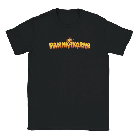 Svart t-shirt med Pannkakorna logotyp i gul och orange graffiti-stil