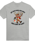 Gråmelerad t-shirt med en hjort, flaska och texten ”Det blev bara ren sprit – men hjort är hjort”.