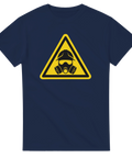 Gulsvart varningsmotiv föreställande skyddsmask – marinblå t-shirt