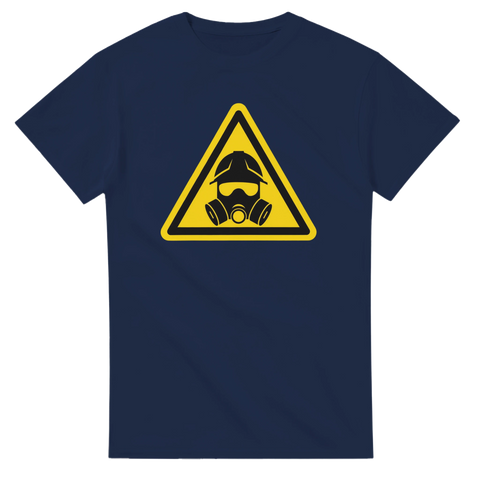 Gulsvart varningsmotiv föreställande skyddsmask – marinblå t-shirt