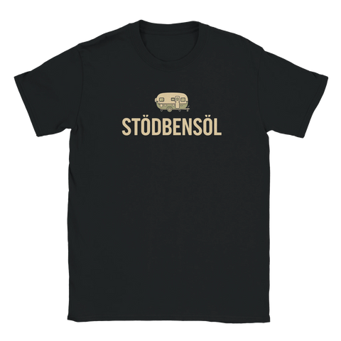 Tecknad beige husvagn & text "STÖDBENSÖL" i retrostil på svart t-shirt.