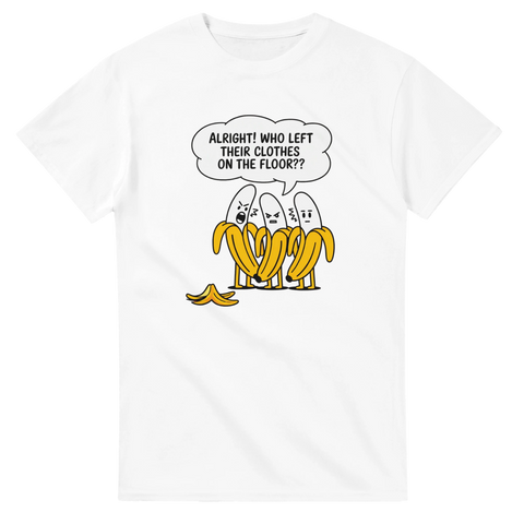 Minimalistisk vit t-shirt med roligt banantryck och citat