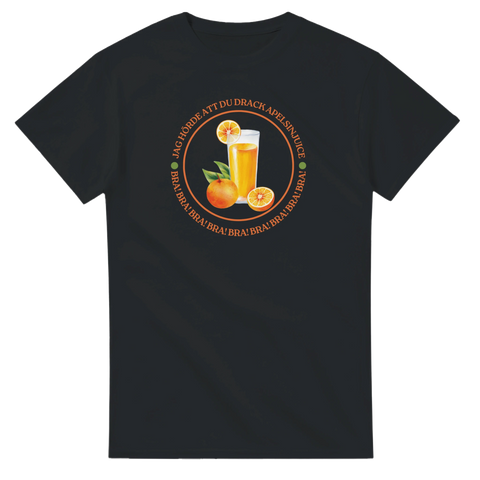 Grafiskt tryck med ett glas apelsinjuice och text – svart t-shirt