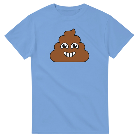 Ljusblå t-shirt med ett skämtsamt motiv av en leende poop emoji