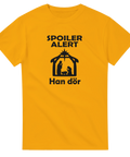 Roligt motiv med silhuett av Jesus födelse och mörk humor på en gul t-shirt