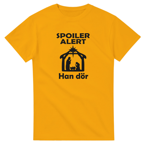 Roligt motiv med silhuett av Jesus födelse och mörk humor på en gul t-shirt
