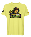 Gul t-shirt med e-gaming-apa och detaljrika kokosnötsikoner på ärmarna