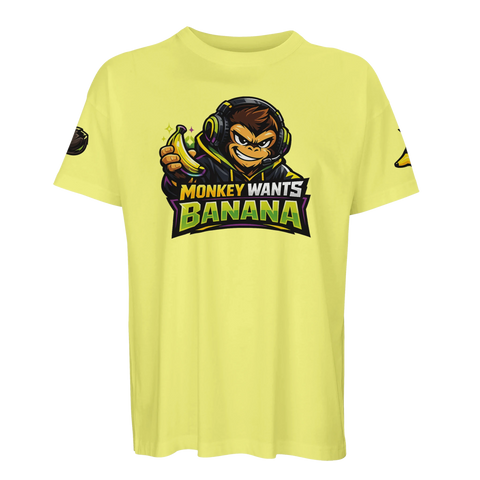 Gul t-shirt med e-gaming-apa och detaljrika kokosnötsikoner på ärmarna