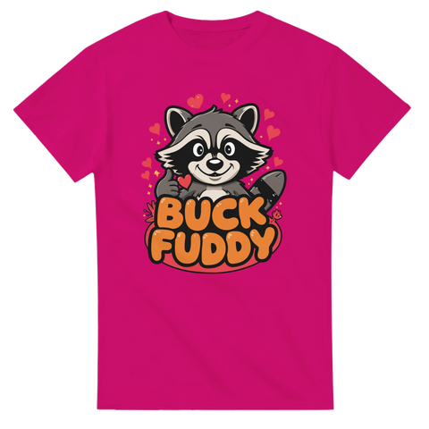 Rosa t-shirt med lekfullt motiv av en tvättbjörn och text