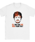 Vit t-shirt med kaxig popkultur-design och orange textdetaljer