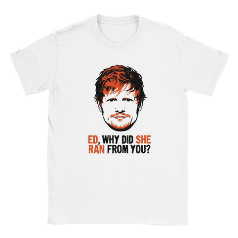 Vit t-shirt med kaxig popkultur-design och orange textdetaljer