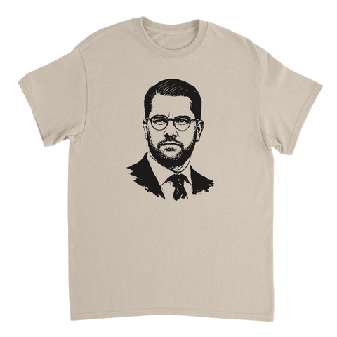 Heja SD t-shirt med Jimmie Åkesson i svart tryck på beige t-shirt