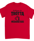 Avdelningen för Trötta Medarbetare" med kaffekopp på röd t-shirt.